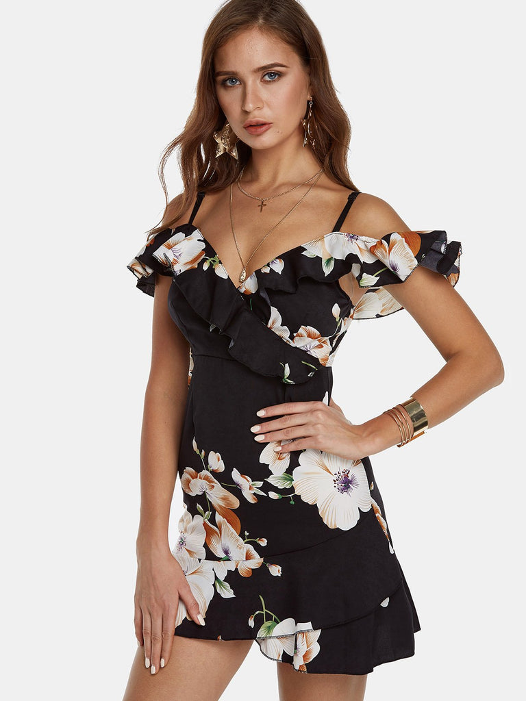 V-Neck Off The Shoulder Short Sleeve Floral Print Backless Spaghetti Strap Wrap Flounced Hem Dresses