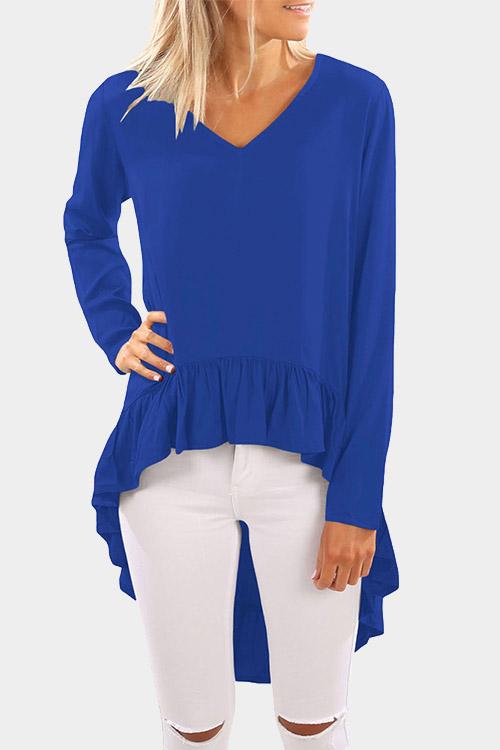 V-Neck Long Sleeve Irregular Flounced Hem Top