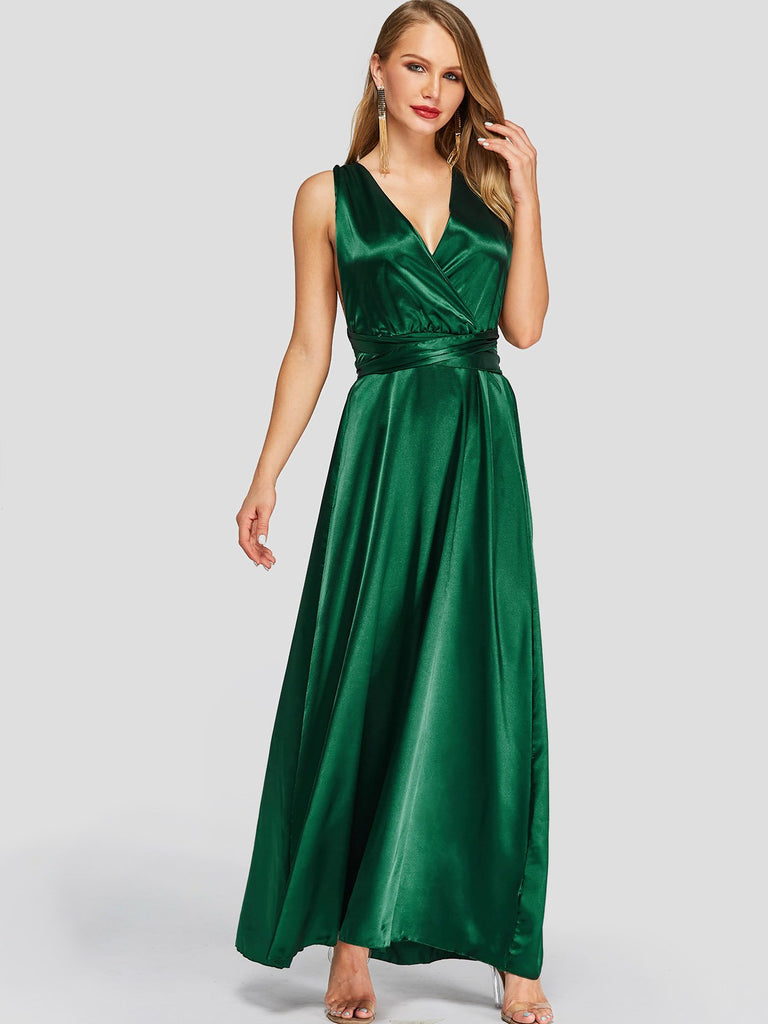 Green V-Neck Crossed Collar Sleeveless Backless Lace-Up Self-Tie Criss-Cross Maxi Dresses