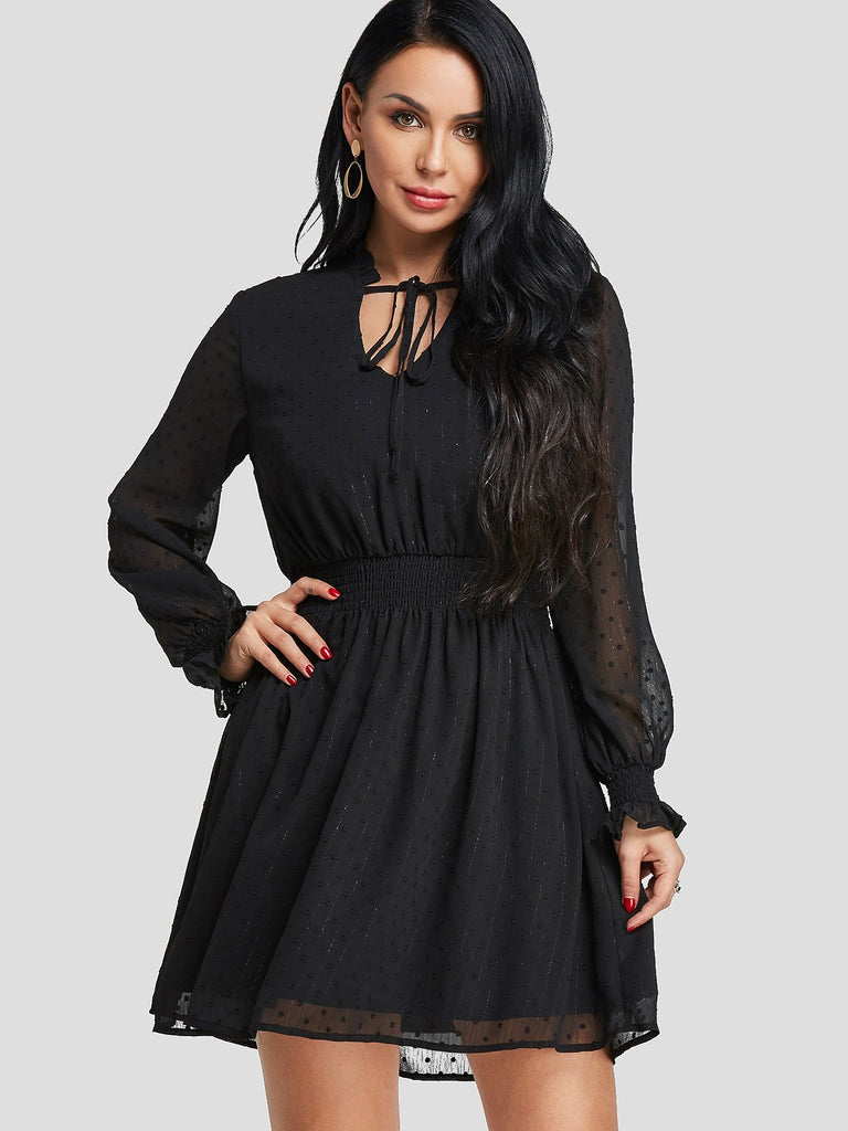 Black V-Neck Plain See Through Tie-Up Casual Dresses