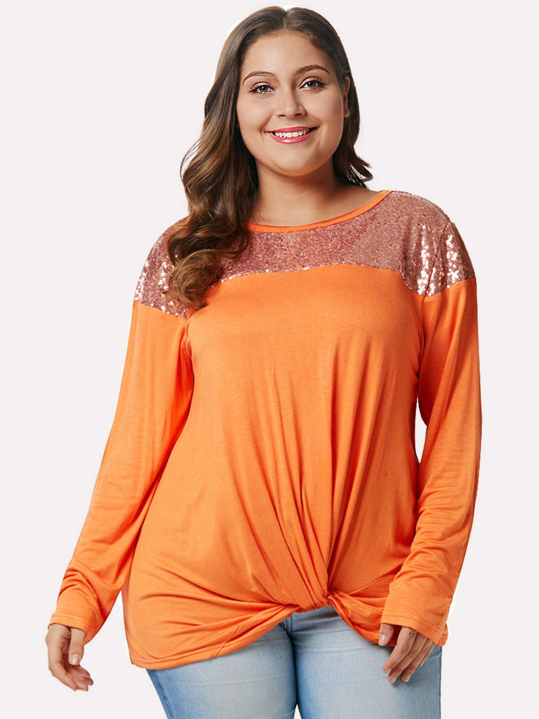 Round Neck Plain Sequins Embellished Twist Long Sleeve Orange Plus Size Tops