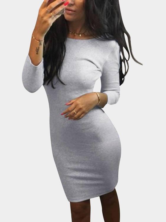 Grey Round Neck 3/4 Sleeve Length Backless Sexy Dresses