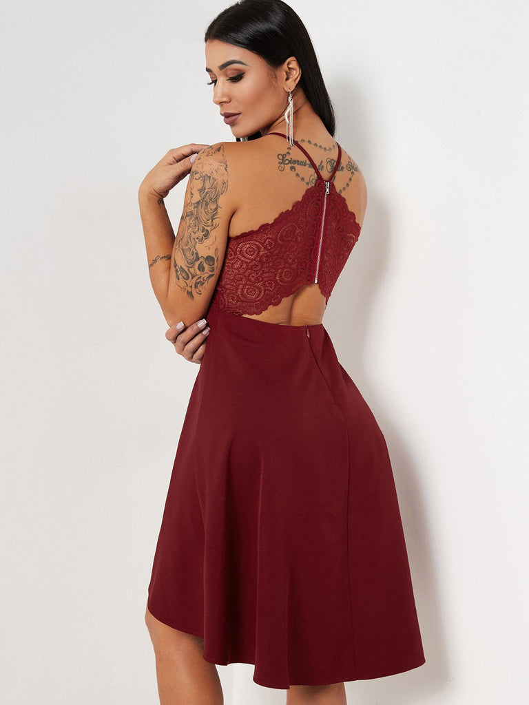 Burgundy Halter Sleeveless Plain Lace Cut Out Sexy Dress