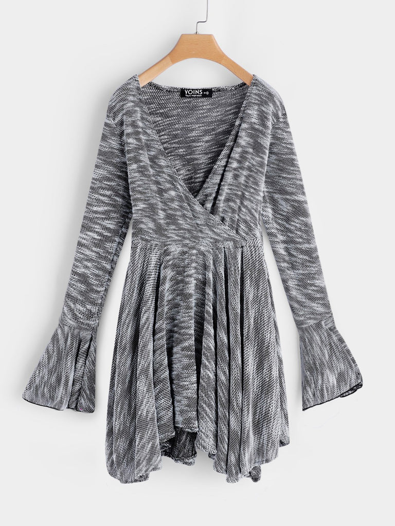 Grey V-Neck Long Sleeve Plain Irregular Hem Mini Dress