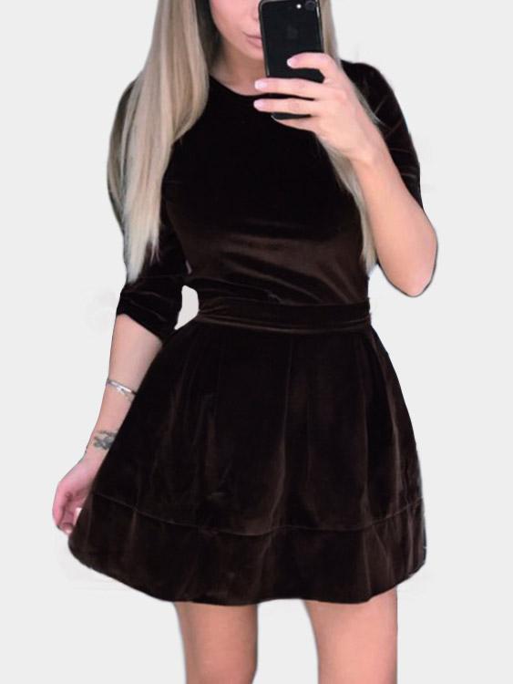 Crew Neck Plain Long Sleeve Flounced Hem Brown Sexy Dresses