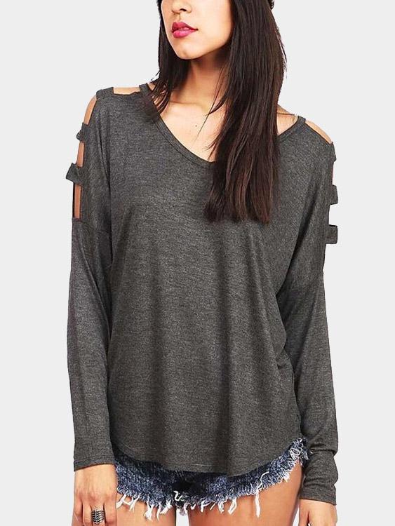 V-Neck Cold Shoulder Cut Out Long Sleeve T-Shirts