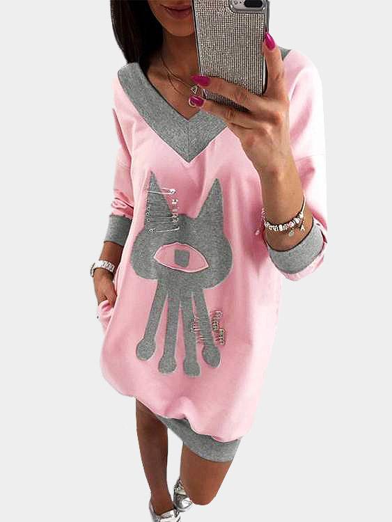 V-Neck Long Sleeve Pink Dresses