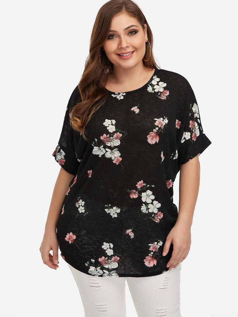 Round Neck Floral Print Calico Half Sleeve Curved Hem Black Plus Size Tops