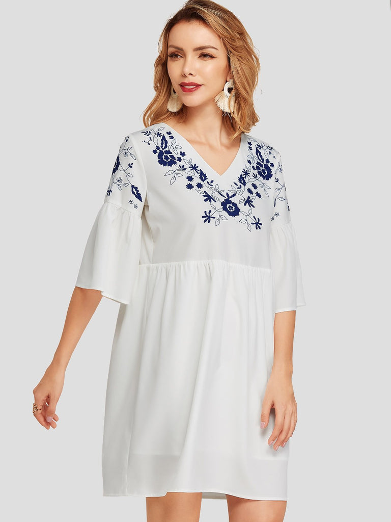 White V-Neck Half Sleeve Floral Print Double Layer Dress