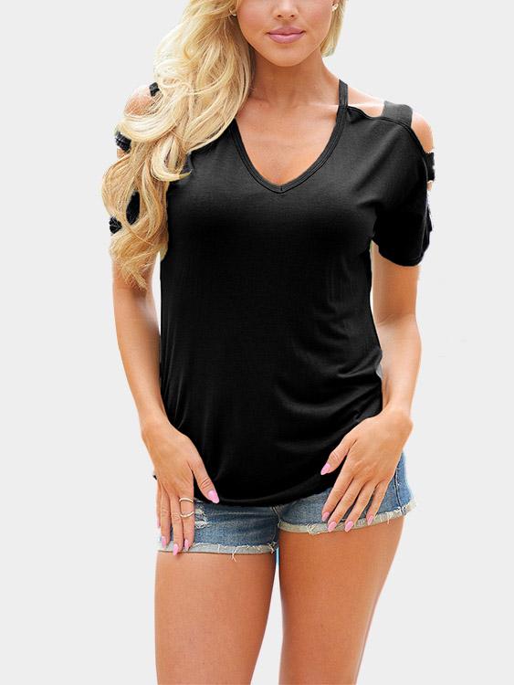 V-Neck Plain Cut Out Short Sleeve Black T-Shirts