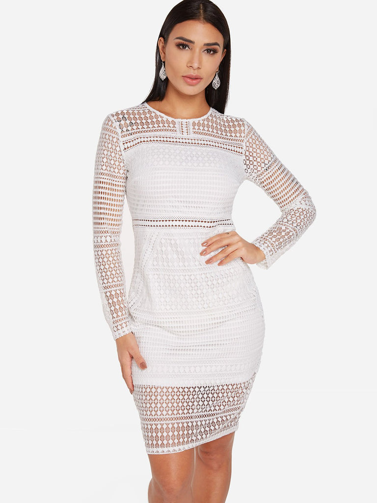 White Crew Neck Long Sleeve Plain Lace Zip Back See Through Slit Hem Sexy Dress