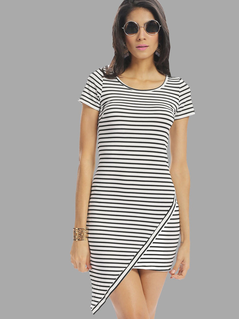 Round Neck Stripe Irregular Hem Casual Dress