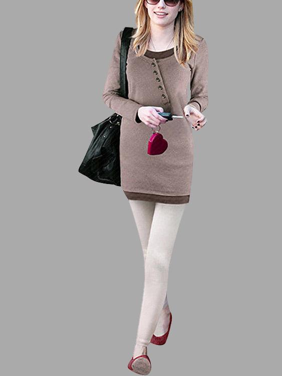 Brown Round Neck Long Sleeve Plain Casual Dresses