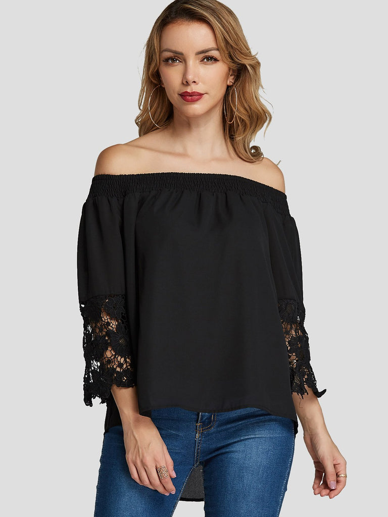 Off The Shoulder Lace Pleated 3/4 Sleeve Black Blouses