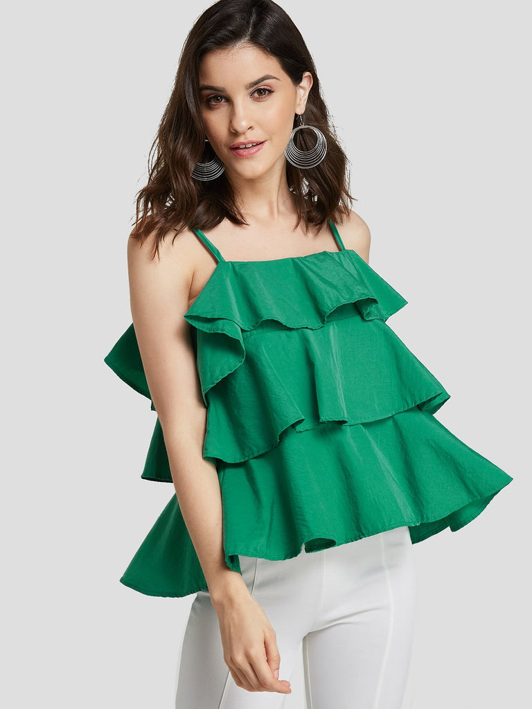 Square Neck Plain Tiered Spaghetti Strap Sleeveless Green Camis