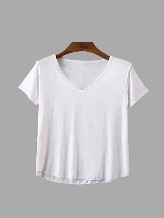 V-Neck Curved Hem White T-Shirts