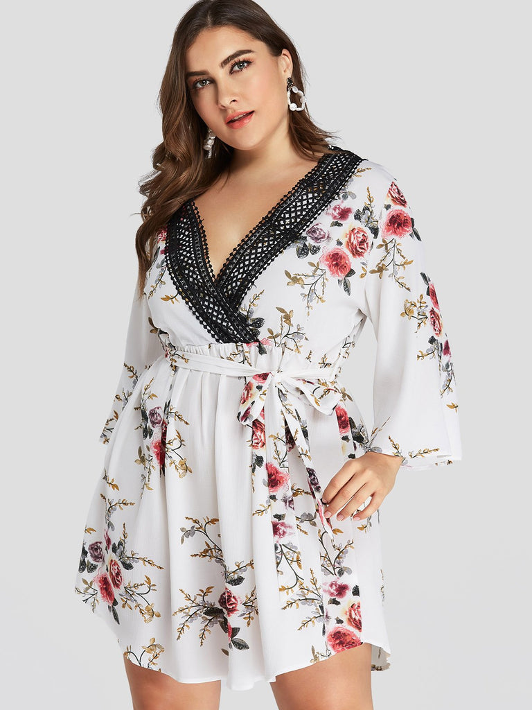 V-Neck Floral Print Lace Self-Tie Wrap Long Sleeve Curved Hem Plus Size Dress