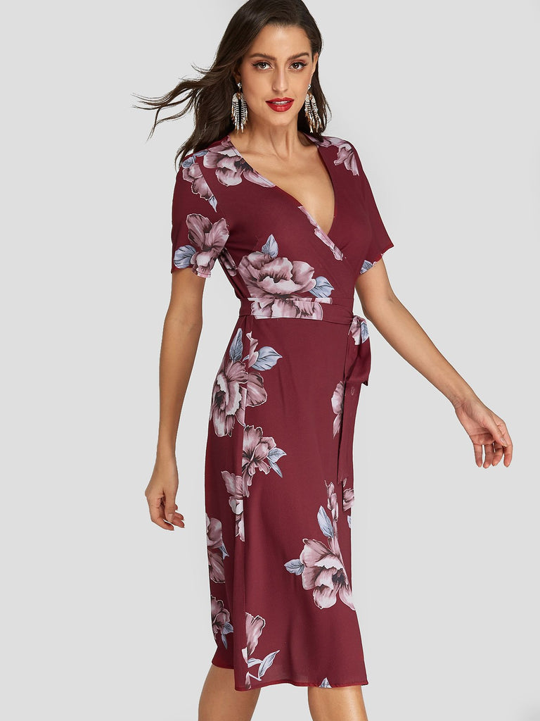 Ladies Burgundy Floral Dresses