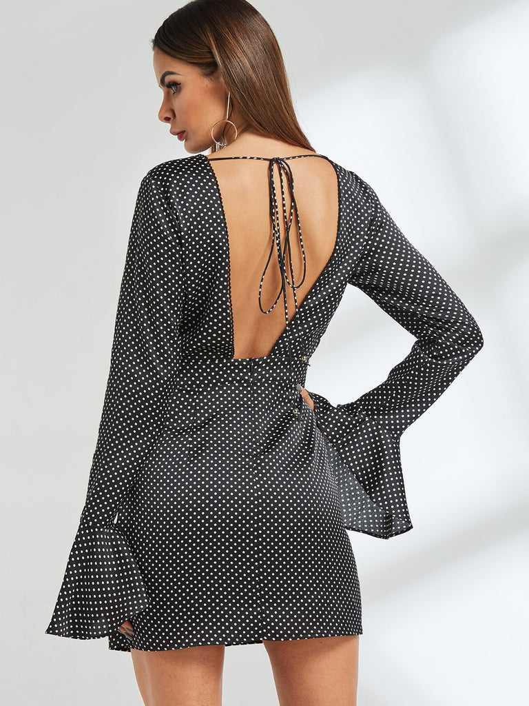 Round Neck Polka Dot Backless Long Sleeve Black Casual Dresses