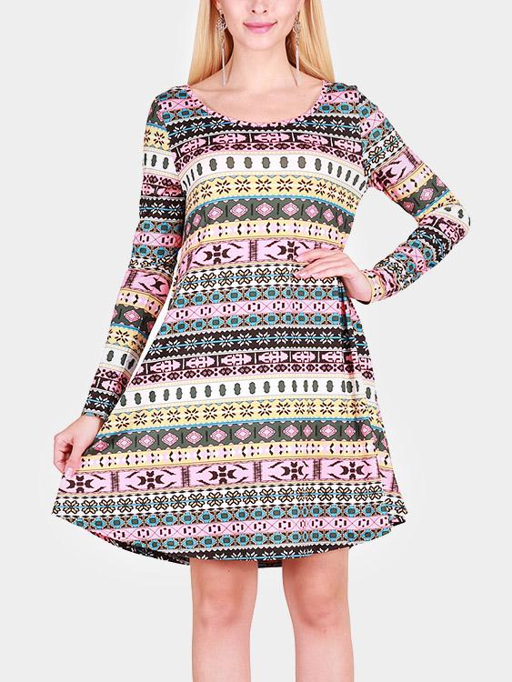 Casual Round Neck Geometrical Long Sleeve Dress