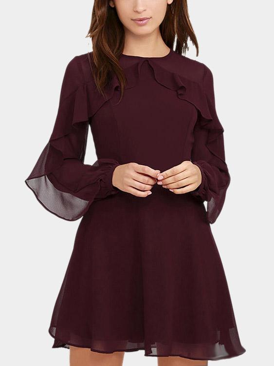 Burgundy Round Neck Long Sleeve Plain Mini Dresses