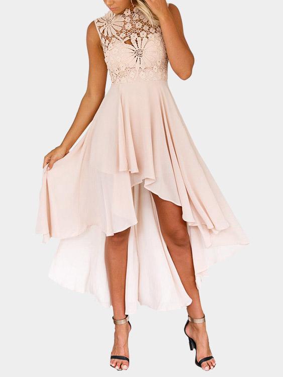 Pink Crew Neck Sleeveless Embroidered Lace Hollow Irregular Hem High-Waisted Sexy Dress