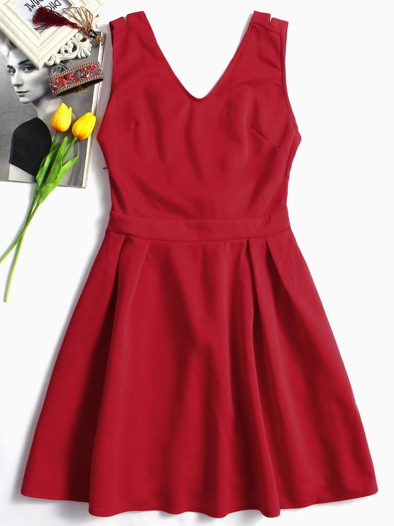 Red V-Neck Plain Backless Spaghetti Strap Bowknot Dress