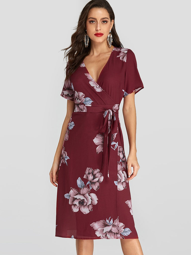 Burgundy V-Neck Short Sleeve Floral Print Crossed Front Belt Wrap Dresses