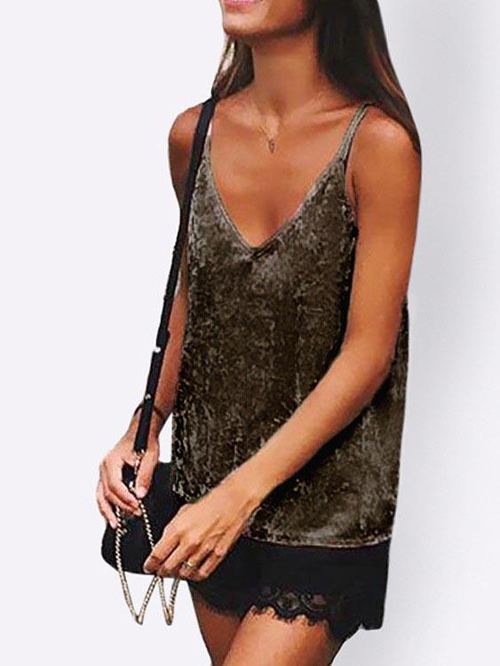 Sexy Velvet V-Neck Sleeveless Coffee Camis