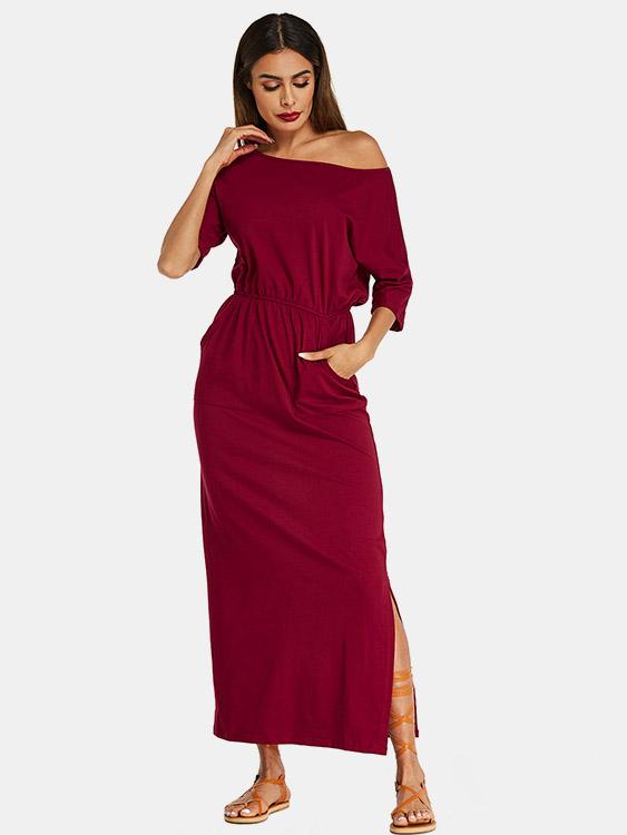 Burgundy One Shoulder Half Sleeve Side Pockets Slit Hem Casual Dress