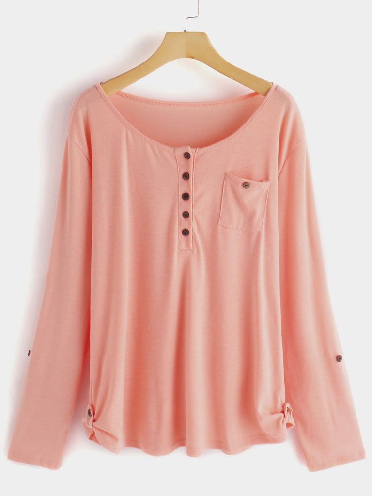 Round Neck Plain Long Sleeve Pink Plus Size Tops