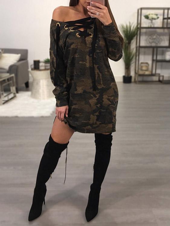 Camo V-Neck One Shoulder Long Sleeve Camouflage Lace-Up Slit Sexy Dresses