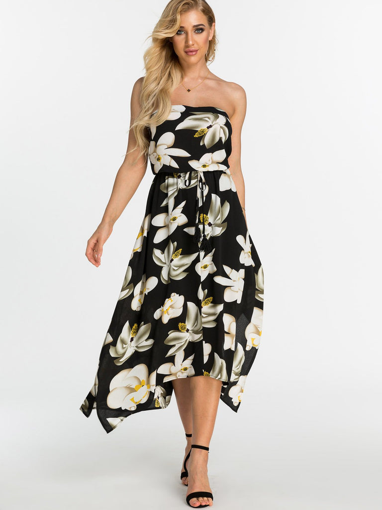 Black Strapless Sleeveless Floral Print Lace-Up Irregular Hem Dresses