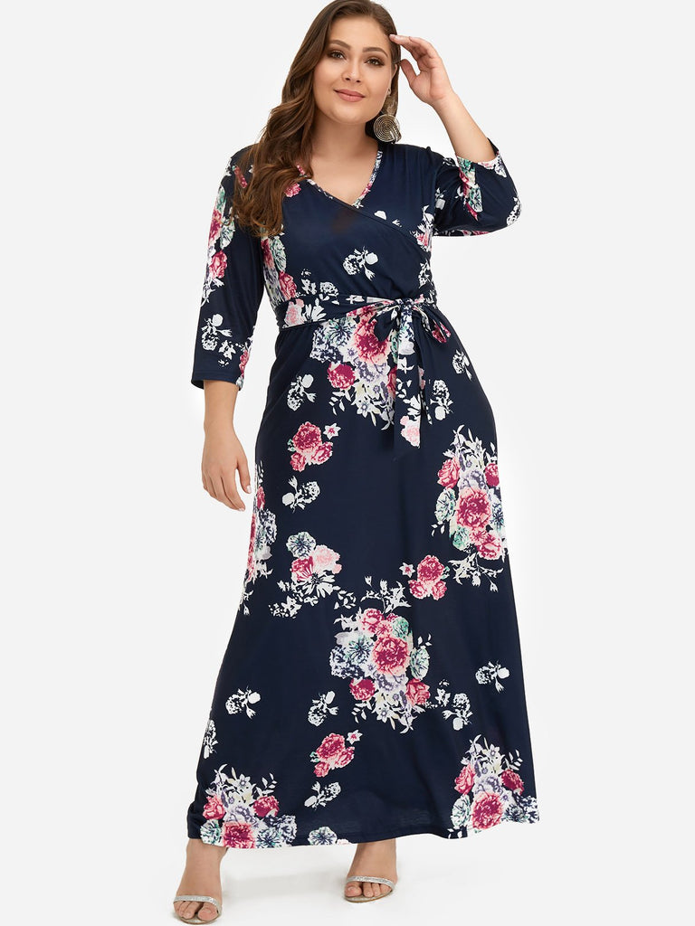 V-Neck Floral Print Belt Self-Tie Wrap 3/4 Sleeve Blue Plus Size Dress