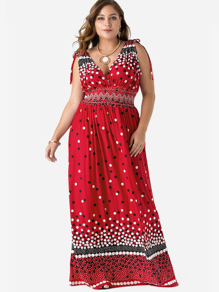 Deep V Neck Polka Dot Backless Pleated Self-Tie Sleeveless Plus Size Maxi Dress