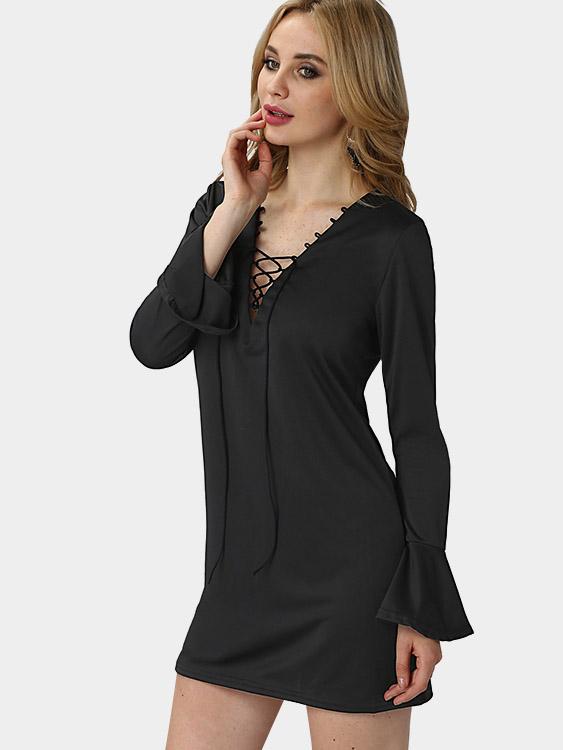 Black V-Neck Plain Sexy Dresses