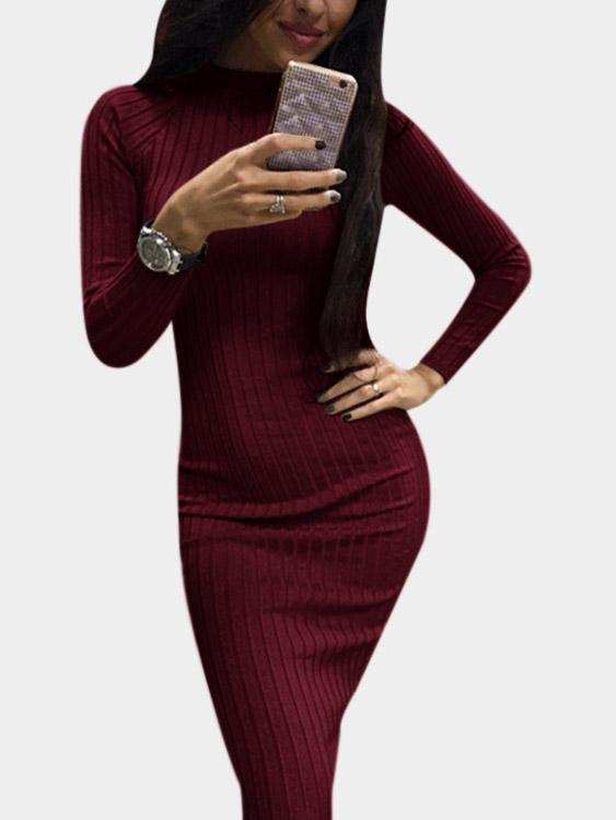 Crew Neck Cable Knit Long Sleeve Bodycon Hem Burgundy High-Waisted Sexy Dresses