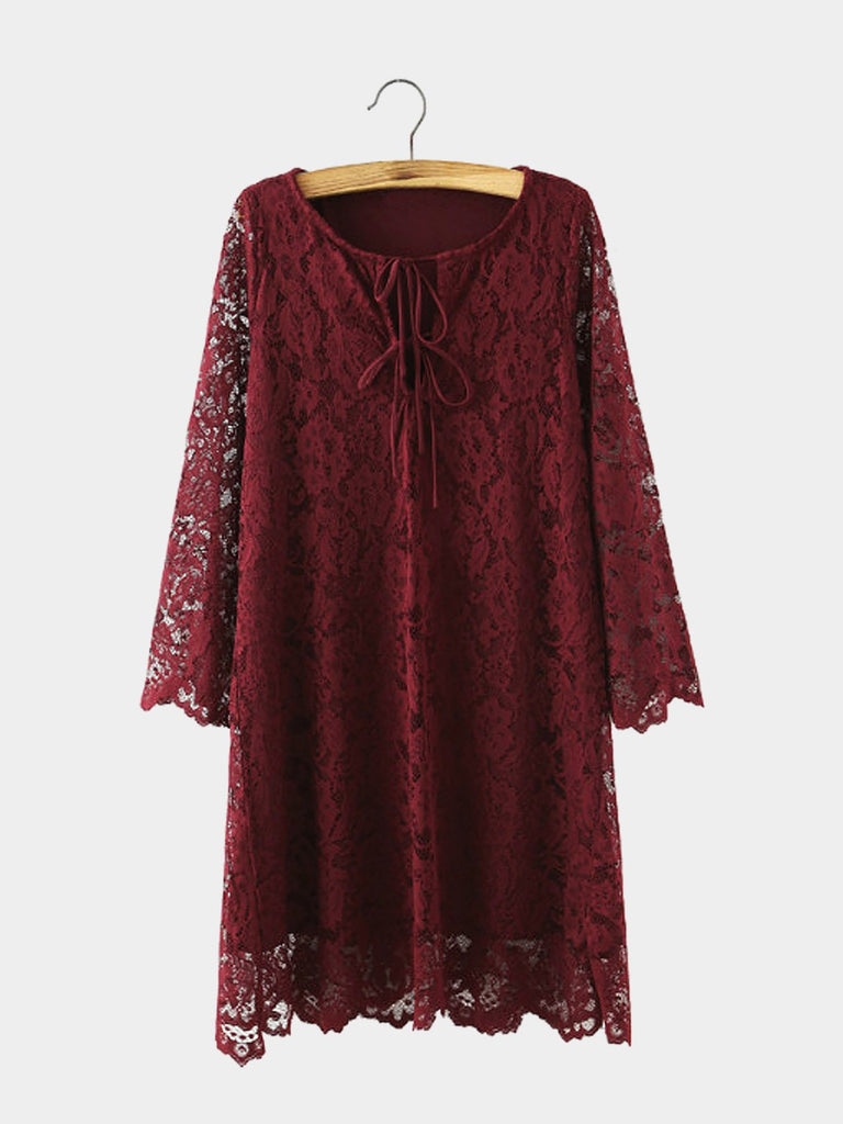 Burgundy Round Neck Long Sleeve Embroidered Crochet Lace Embellished Lace-Up Dresses