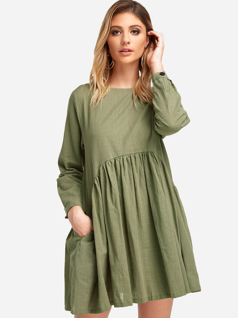 Round Neck Long Sleeve Pleated Casual Dress