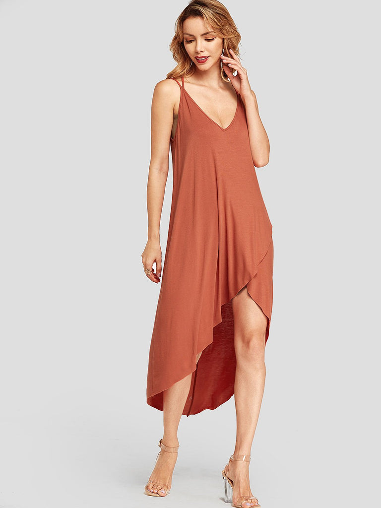 Orange V-Neck Sleeveless Plain Crossed Front Backless Criss-Cross Slit Hem Dresses