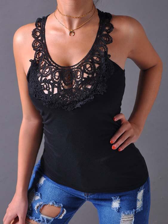 Crew Neck Halter Cold Shoulder Lace Lace-Up Cut Out Sleeveless Bodycon Hem Black Tank Top