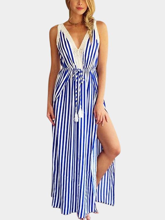 Blue V-Neck Sleeveless Stripe Lace-Up Slit Hem Dresses