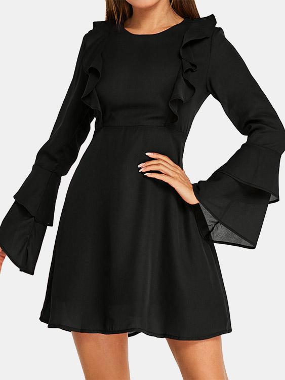 Round Neck Long Sleeve Plain Tiered High-Waisted Casual Dresses