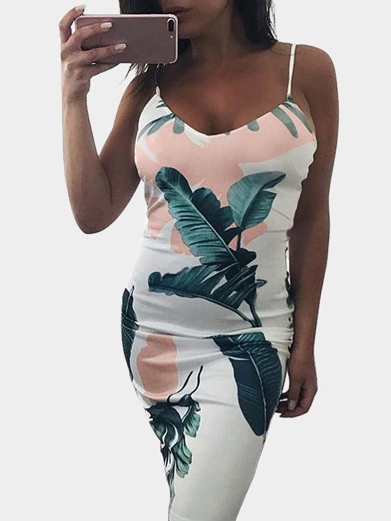 White V-Neck Sleeveless Printed Backless Dress