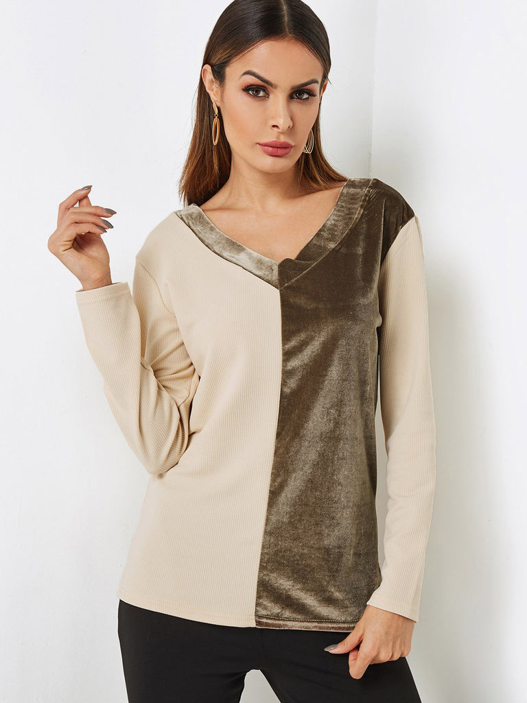 V-Neck Colorblock Long Sleeve Top