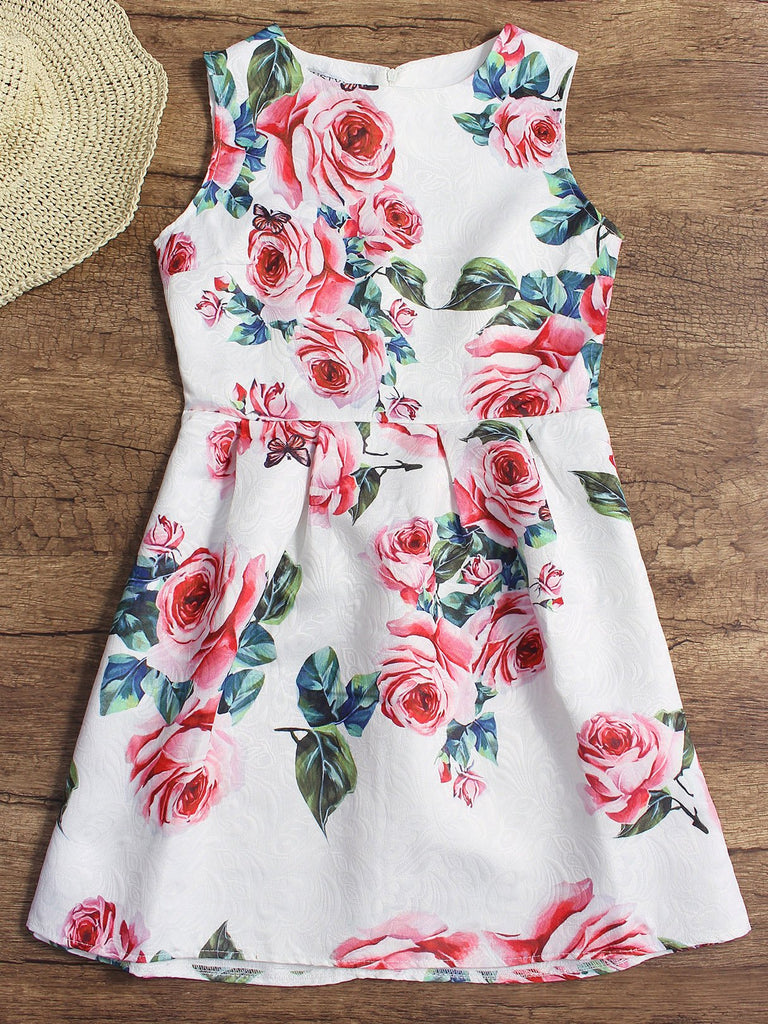 White Round Neck Sleeveless Floral Print Zip Back Dresses