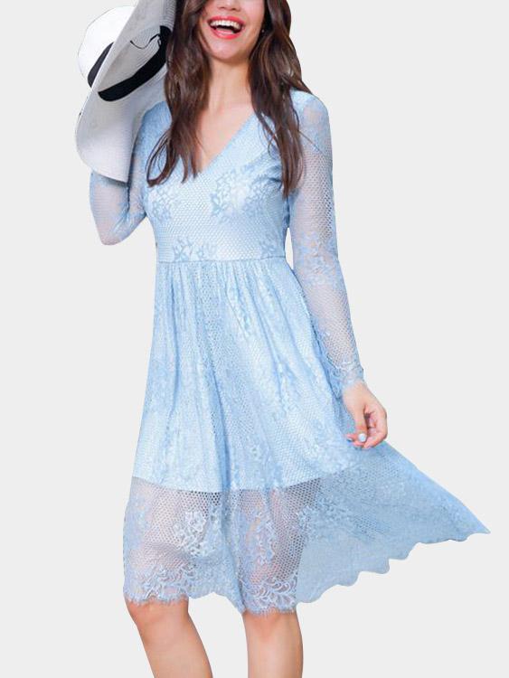 Blue V-Neck Long Sleeve Plain Lace Zip Back High Waist Dresses