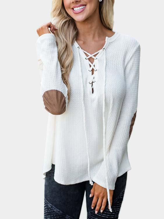 V-Neck Lace-Up Long Sleeve White T-Shirts