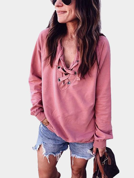 V-Neck Lace-Up Long Sleeve Bodycon Hem Pink T-Shirts