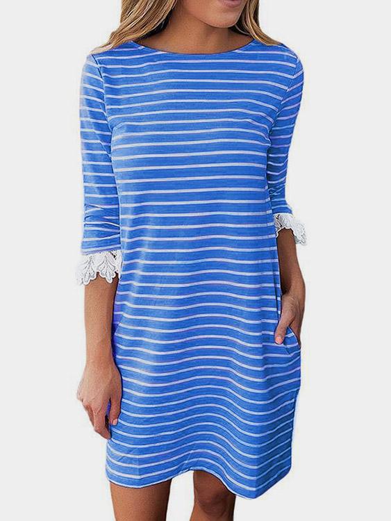 Round Neck Stripe Lace 3/4 Length Sleeve Blue Mini Dress